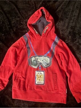 Fat Face Red Kids Hooded Sweatshirt with Ski Goggle Graphic